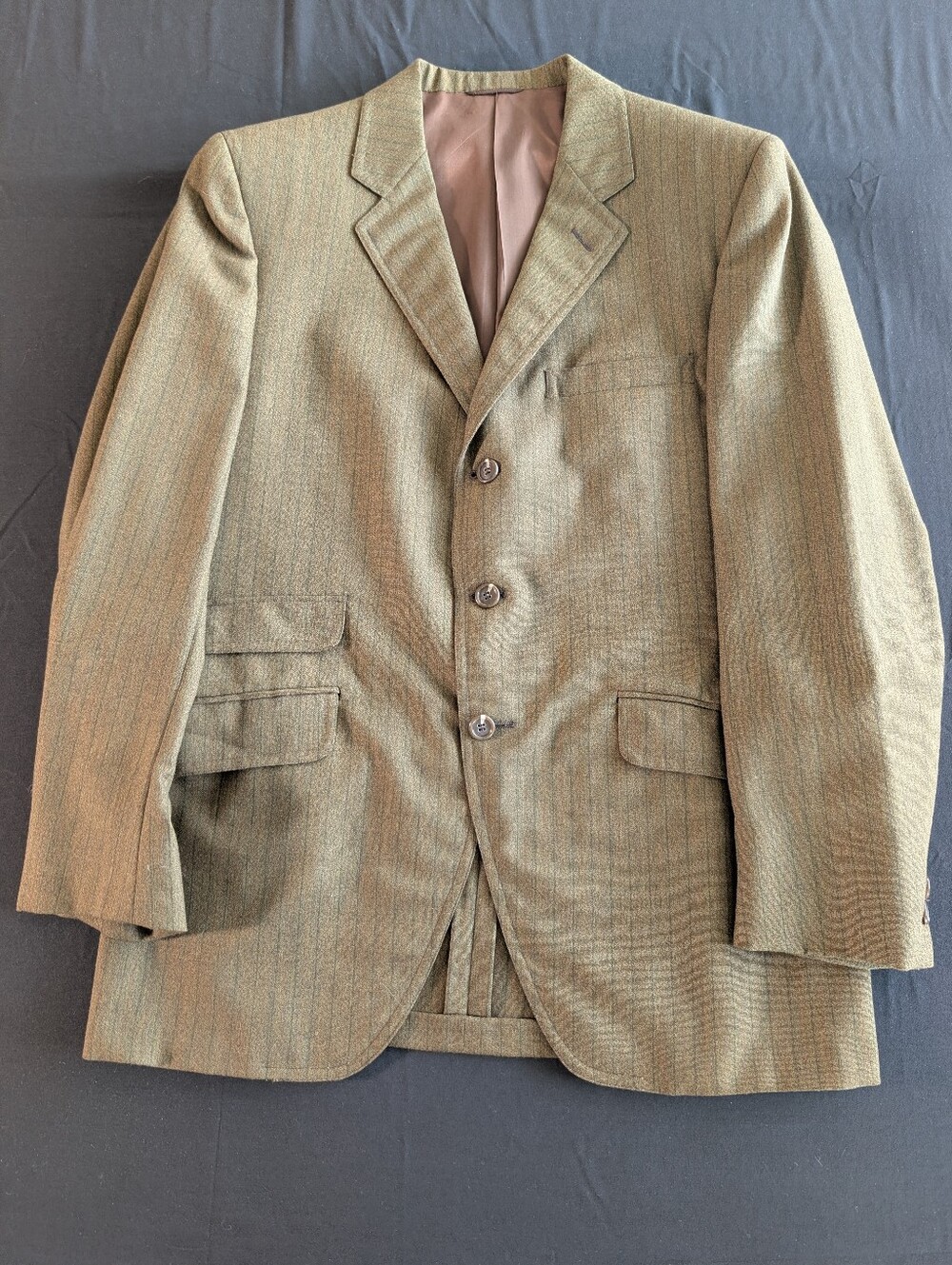 Vintage Late 60s Suit 3 Button Olive Green Pin Stripe Simpson Sears